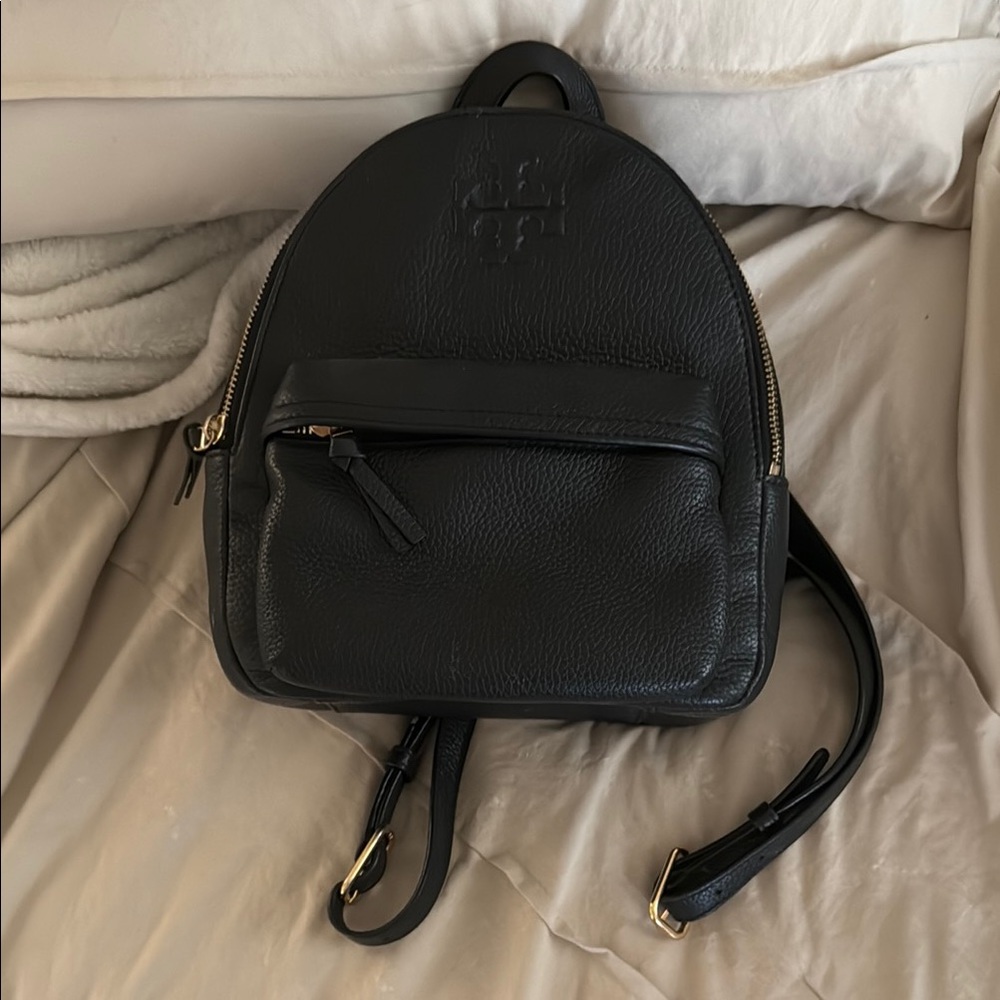 Tory Burch Black Leather Backpack with Gold Accents